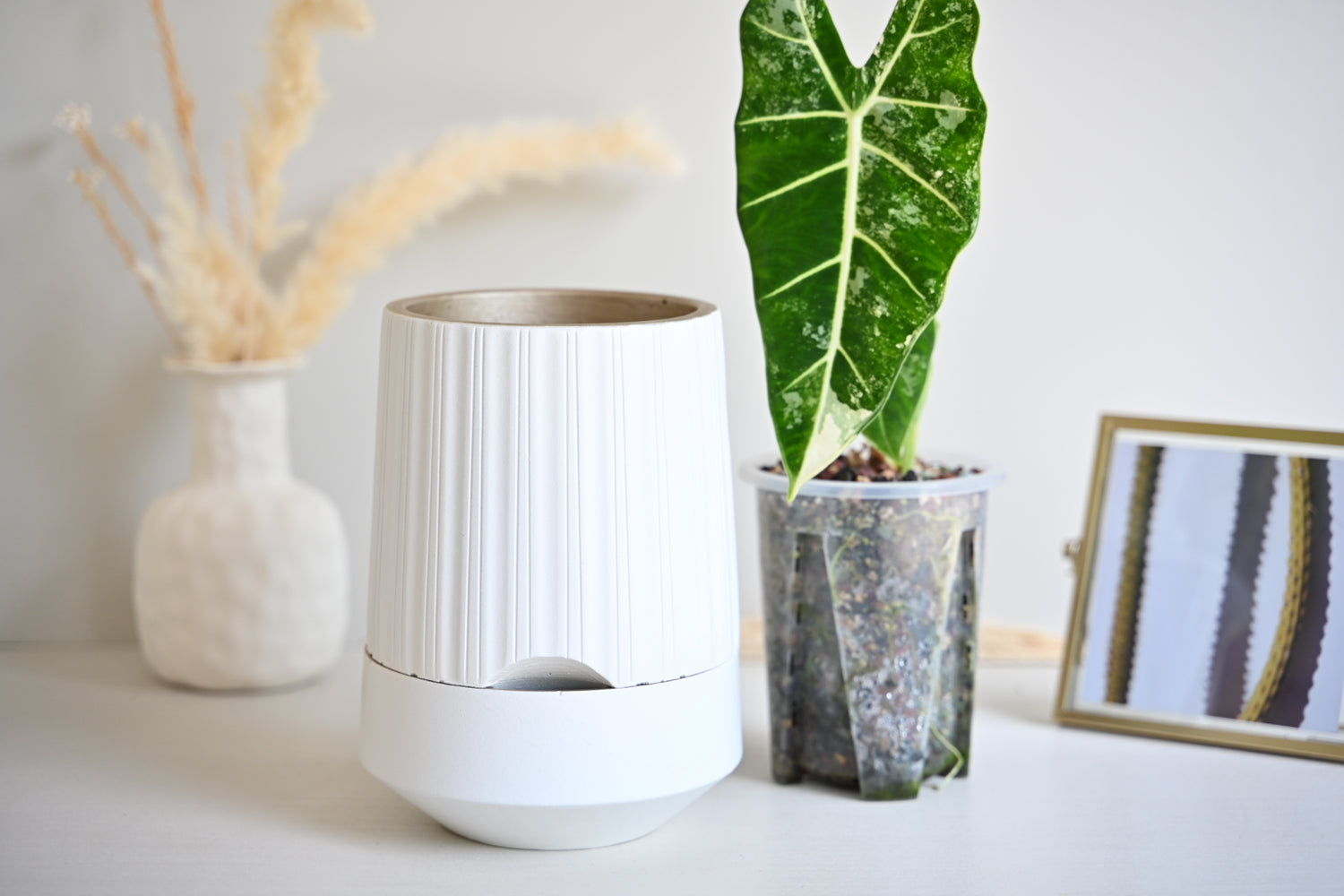 The Column – Tall Striped Self-Watering Concrete Pot (Fits 4.7" Slotted Nursery Pots)
