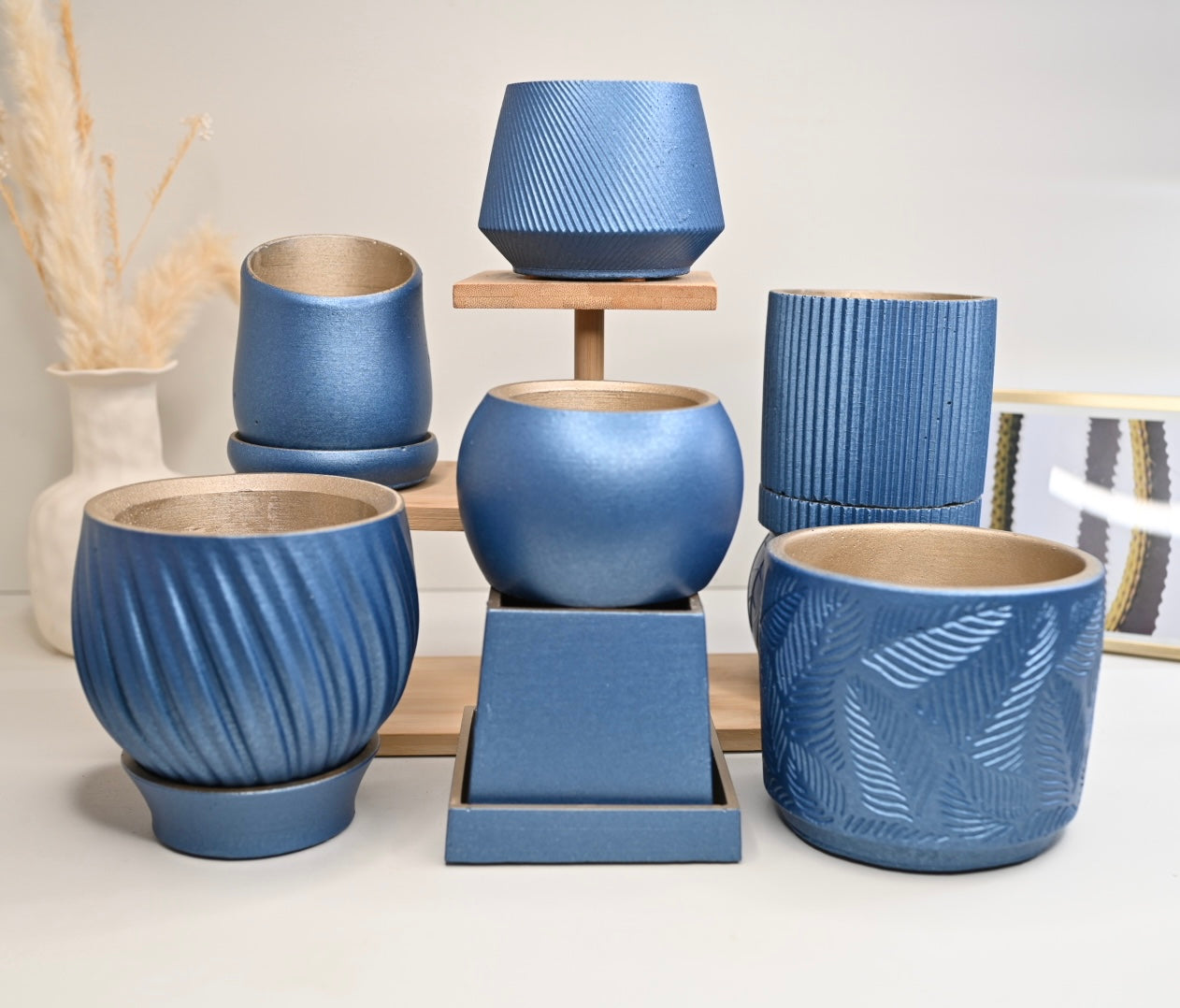 metallic blue planter wholesale plant pots unique handmade pottery with drain hole