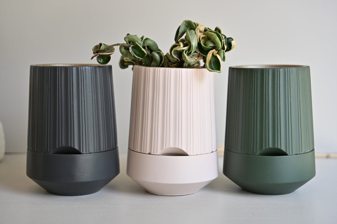 The Column – Tall Striped Self-Watering Concrete Pot (Fits 4.7&quot; Slotted Nursery Pots)