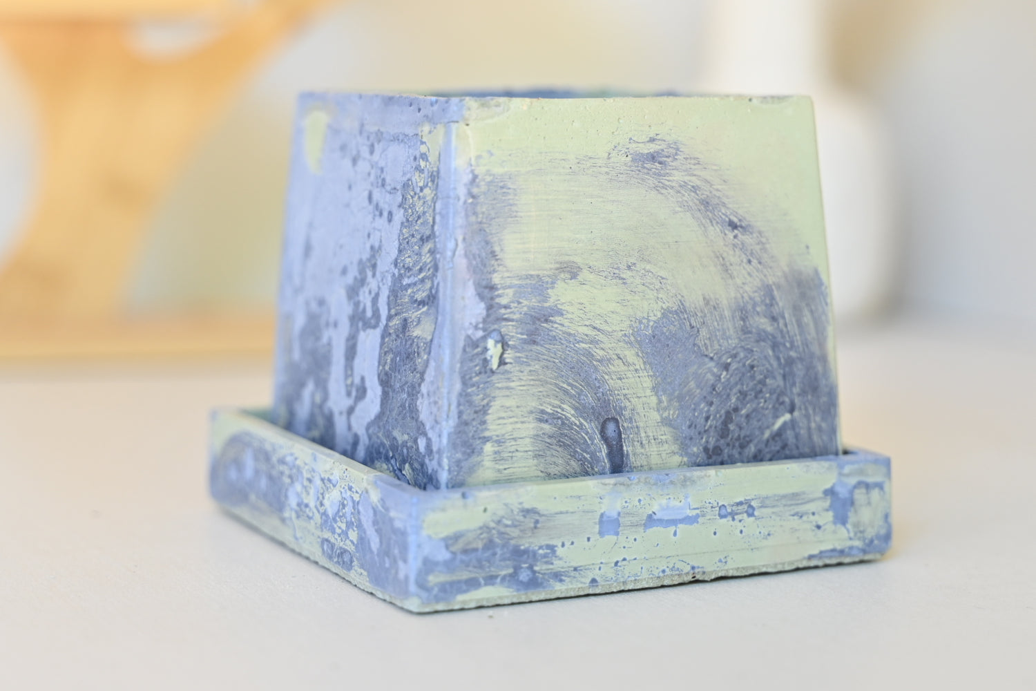 One-of-a-Kind 3&quot; Tapered Square Pot with Saucer – Sea Foam