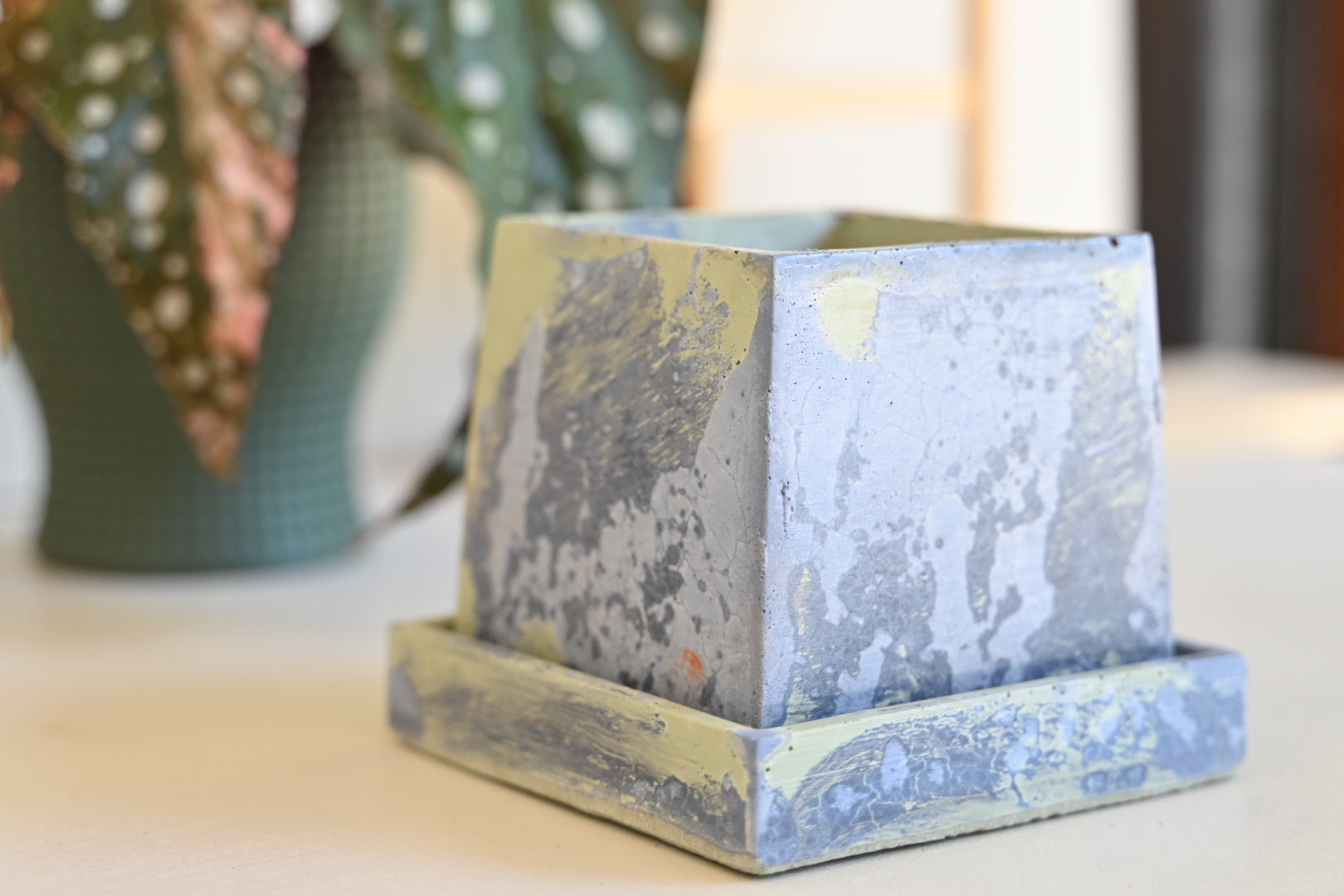 One-of-a-Kind 3&quot; Tapered Square Pot with Saucer – Sea Foam
