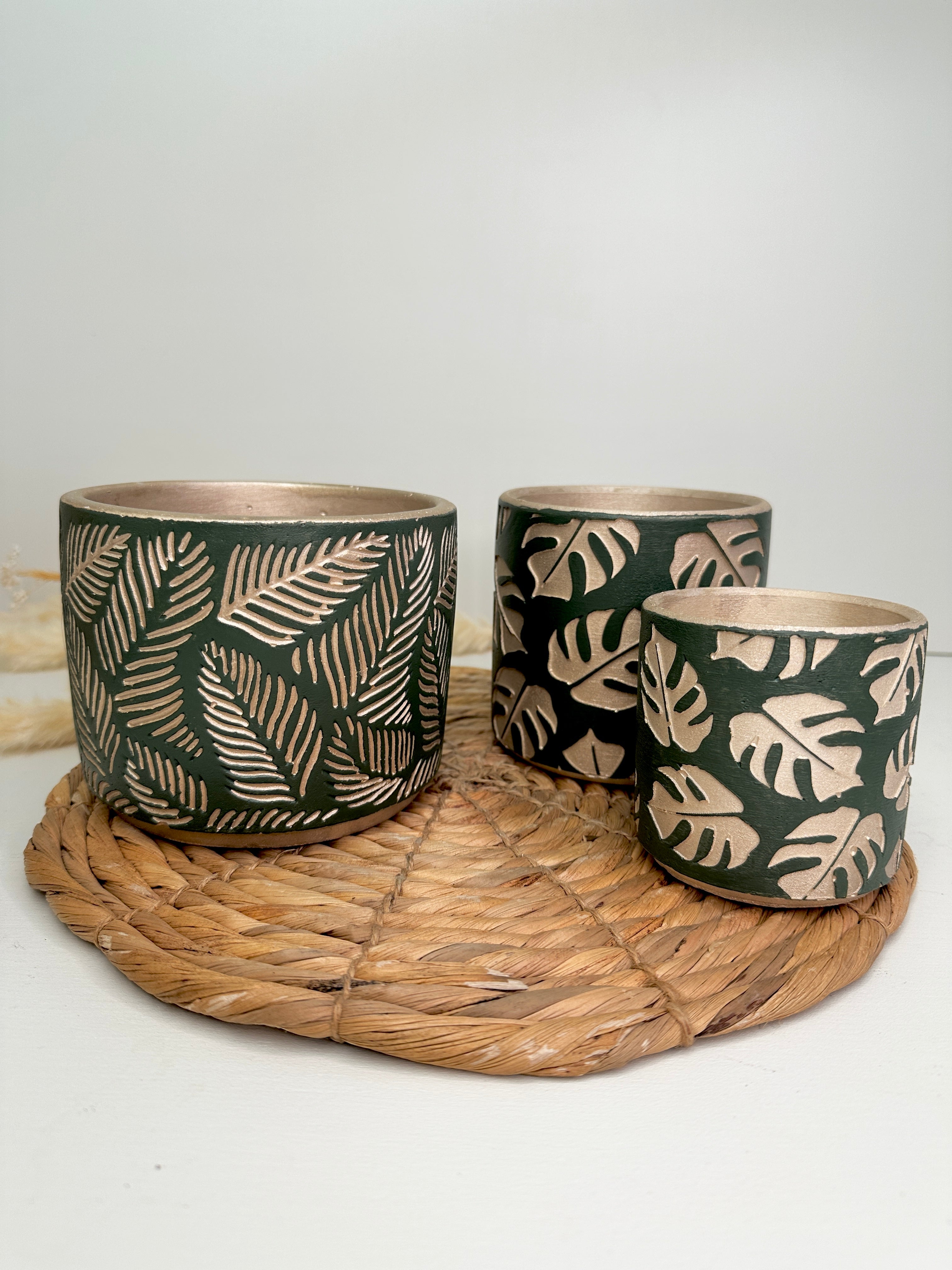 green gold leaf design pots handmade planters